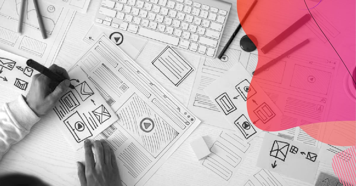 Rascunho de landing page com elementos visuais e fluxos de navegação para exemplificar boas práticas de design.