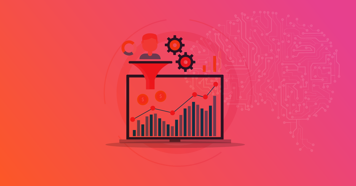 Digital sales funnel illustration with user icons and gears feeding a growth chart on laptop, representing strategies to increase conversion rate.