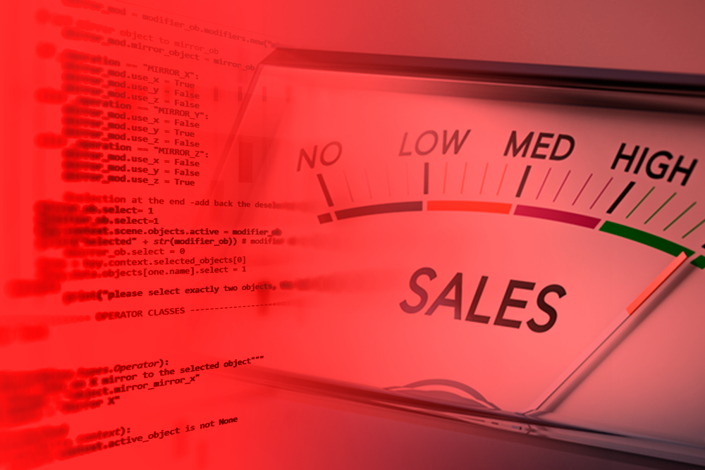 Speed ​​dashboard with “High Sales” indicator next to code snippets, symbolizing marketing automation and qualified lead generation.