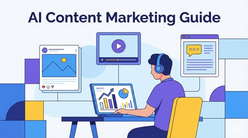 Flat illustration of a person using a laptop with charts and icons of posts, videos and articles around, with the title “Guia de Marketing de Conteúdo com IA”.