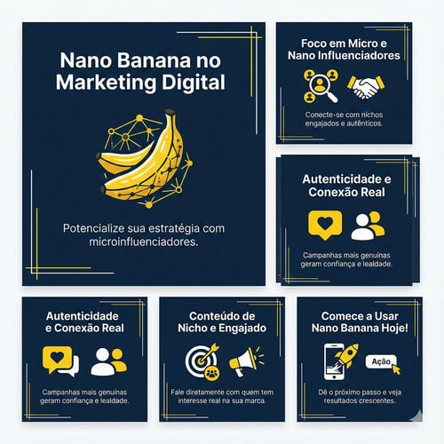 Conjunto de cinco cards quadrados em azul escuro e amarelo com o título “Nano Banana no Marketing Digital” e textos sobre micro e nano influenciadores, autenticidade e conteúdo de nicho.