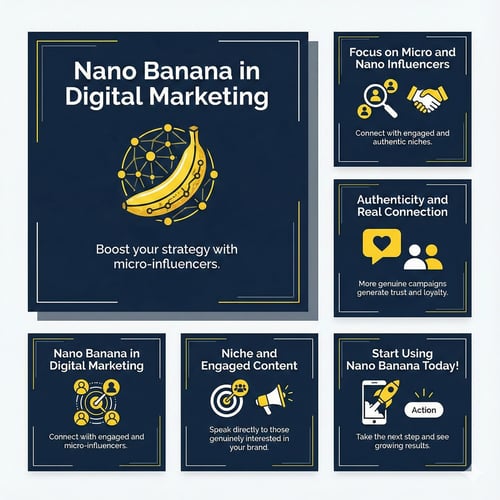 Set of five square dark blue and yellow cards titled “Nano Banana no Marketing Digital” with texts about micro and nano influencers, authenticity and niche content.