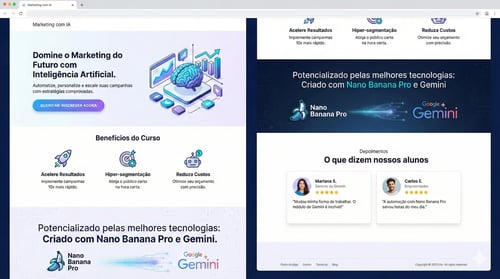 Mockup de landing page de curso “Marketing com IA”, com destaque para benefícios, depoimentos e selos Nano Banana Pro e Google Gemini.