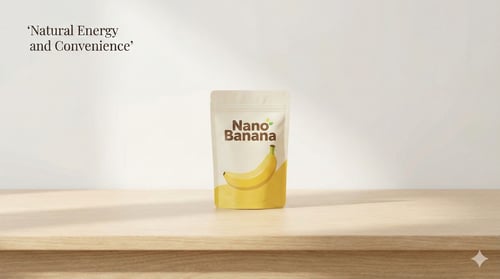Nano Banana product pouch standing on a light wooden surface with a neutral background and minimalist look.