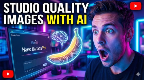 YouTube thumbnail showing a surprised man looking at a computer and a Nano Banana Pro banana icon with the text “Studio-Quality Images with AI”.