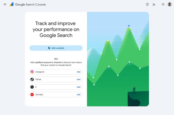 Interface do Search Console para redes sociais com opções de conexão para Instagram, TikTok, X e YouTube.