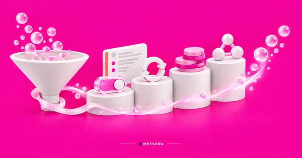 AARRR in a 3D scene: a white funnel followed by five platforms with a toggle, a ring, coins and linked nodes