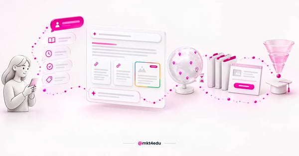 Anúncios no AI Mode: sequência de perguntas levando à resposta gerada com citações, globo de países e funil de matrícula