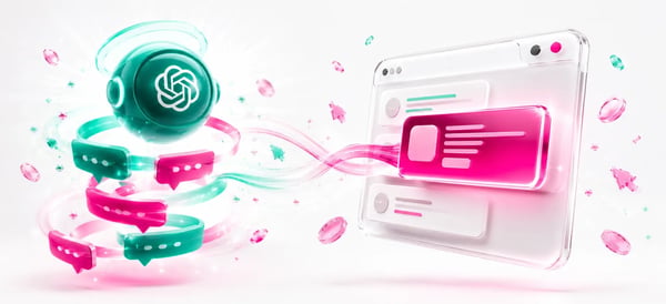 A ChatGPT robot sending spiral-shaped speech bubbles to a pink digital screen. Focus on ChatGPT Ads.