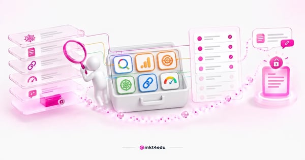 Lupa sobre painéis de auditoria de SEO com as ferramentas do Google, GA4 e SemRush e um checklist de correções