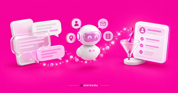 Automação de marketing em 3D: página de captura, hub central, cards de fluxo, gráfico de barras e agente de IA