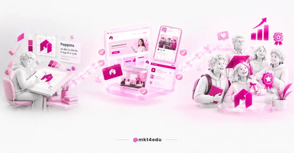 Educational branding in 3D: a designer with a logo grid and palette, brand applications on web and social, and graduates