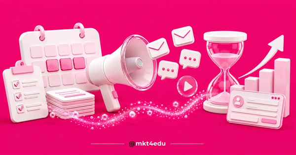 Cena 3D branca sobre fundo rosa com calendário, megafone e ampulheta, representando a campanha de matrículas.
