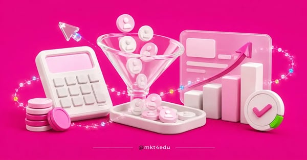 Calculadora, funil com contatos e gráfico de barras em 3D sobre fundo rosa