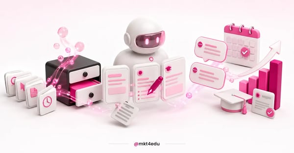 Robô branco organiza fichas de leads e mensagens até chegar a um calendário, a um capelo e a um gráfico em crescimento