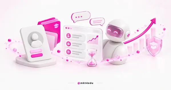 Student retention shown in a 3D scene with a learner card, a CRM panel, chat bubbles and an AI assistant
