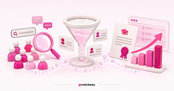 Pink and white 3D scene with prospective students, a glass funnel and a diploma, showing student recruitment.