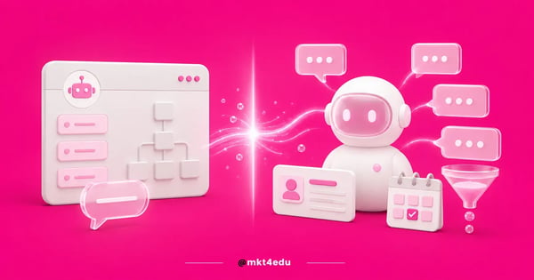 Chatbot technology 3D scene in white on a pink background, with a closed bot menu on the left and an AI agent bust on the right