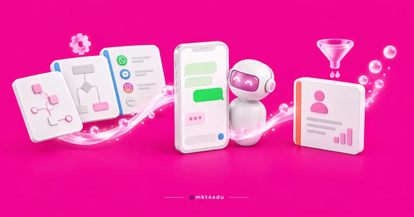 Chatbots in a 3D scene: bot-building boards, a phone showing a conversation layout and a CRM card receiving the lead