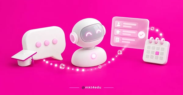 Chatbots na educação em cena 3D: balão de conversa, capelo, agente de IA e ficha de matrícula no CRM
