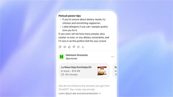  728 ChatGPT Ads interface showing a sponsored ad card below the organic response.