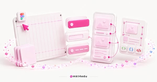 How to use Figma: matte clay layout panel with pink column guides, floating components and a measurement panel.