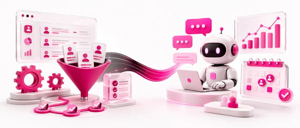 Ilustração 3D rosa de robô usando notebook e funil de leads para implementar um agente SDR de IA na prática.
