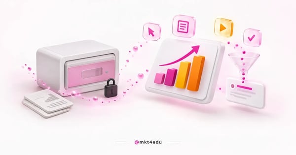 Google Analytics 4 dashboard with pink and amber bars beside a sealed archive box with a padlock