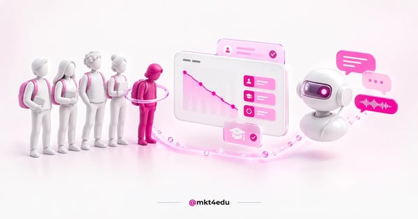How to retain students: 3D student figures, a dashboard with the dropout curve falling and an AI agent in conversation