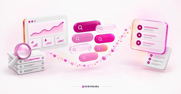 How to use Semrush: 3D scene with a traffic dashboard, keyword pills and an AI answer card