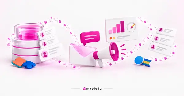 CRM e Marketing Digital: tambor de dados 3D ligado a envelope, balão e painel de métricas