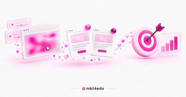 Conversion Rate Optimization: mapa de calor de site, duas páginas em teste A/B e alvo com seta no centro