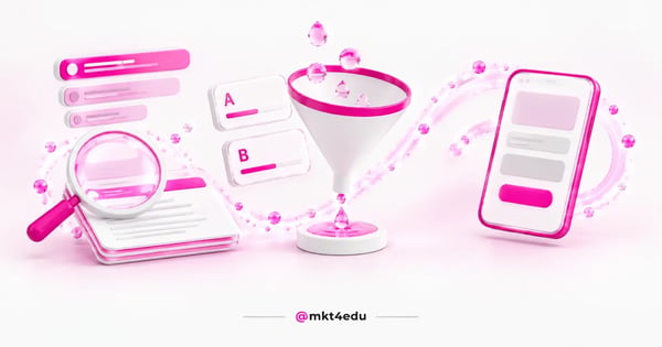 CRO, SEO e UX representados por lupa, funil de conversão e tela de navegação no mesmo piso