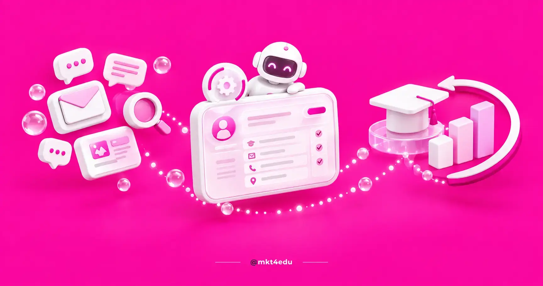 Educational marketing 3D scene with demand signals, a CRM card and a retention loop
