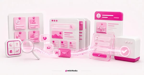 Enrollment campaign 3D scene with a planning board, digital channels and an application console