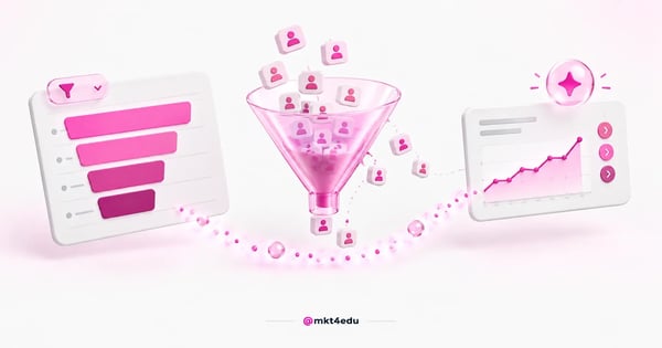 Conversion funnel in 3D with a stepped chart, a glass funnel losing users along the way and an analytics panel beside it
