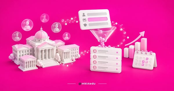 Geração de leads em cena 3D com campus universitário, formulário, funil de vidro e cartões de contato