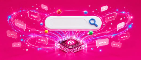 Barra de busca flutuante sobre chip de inteligência artificial ilustrando o ecossistema do Google AI Max.