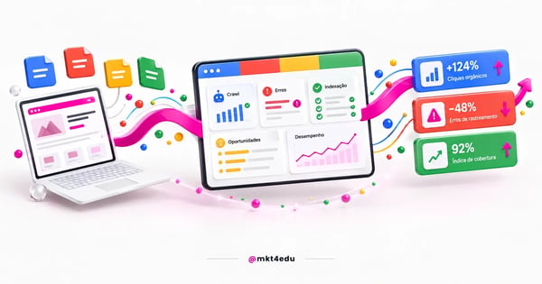 Relatórios do Google Search Console em 3D com crawl, erros, indexação e desempenho orgânico
