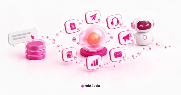 IA HubSpot em cena 3D com balão de chat, banco de dados, orbe de vidro com núcleo laranja e sete cards de agente