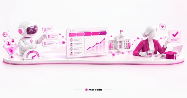 AI in educational management in 3D: an AI robot, a contact funnel, a metrics dashboard, a school building and a manager