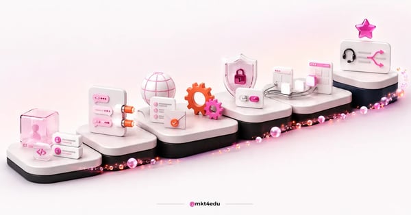 Six 3D platforms in sequence with icons for users, channels, domain, padlock, migration, and support, representing the implementation phases.