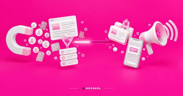 Marketing educacional em cena 3D: ímã atraindo estudantes de um lado, megafone e celular do outro