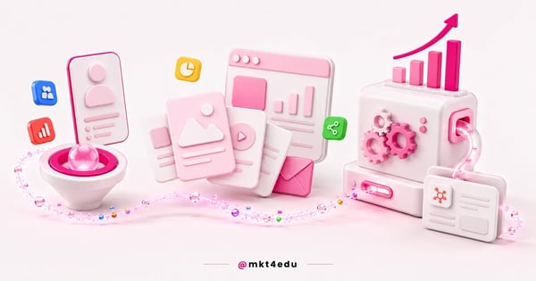 Fluxo visual de marketing digital com funil, criação de conteúdo e engrenagens de automação para atração de leads.