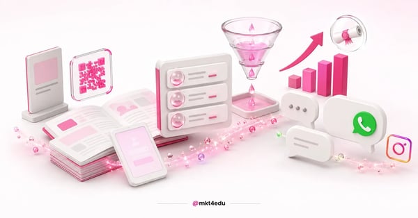 Ilustração 3D com QR Code, CRM e redes sociais representando a estratégia de marketing integrado na captação de alunos.