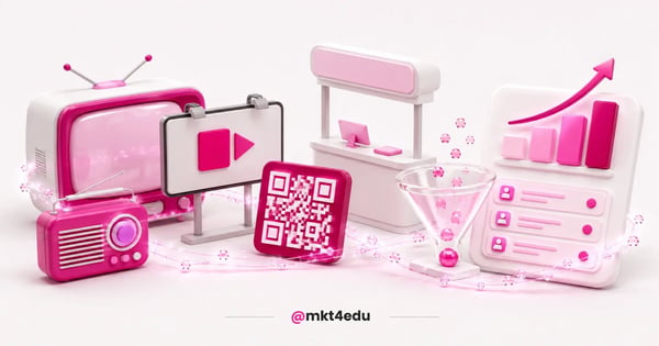 Peças de marketing off-line, TV, rádio e outdoor, ligadas por um fluxo de partículas a um QR Code e a um painel de CRM