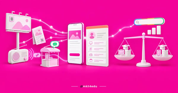 Tracked offline marketing: billboard, radio and event booth with QR codes feeding the CRM and a cost-per-enrollment scale