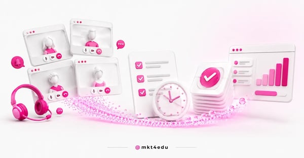 Reuniões remotas: janelas de videochamada 3D, cartão de pauta com relógio e painel de decisões com gráfico em rosa.