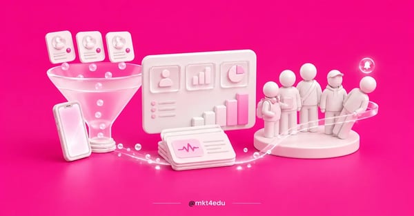 Educational market in a 3D scene with an enrollment funnel, a data dashboard and a group of students inside a glass arc