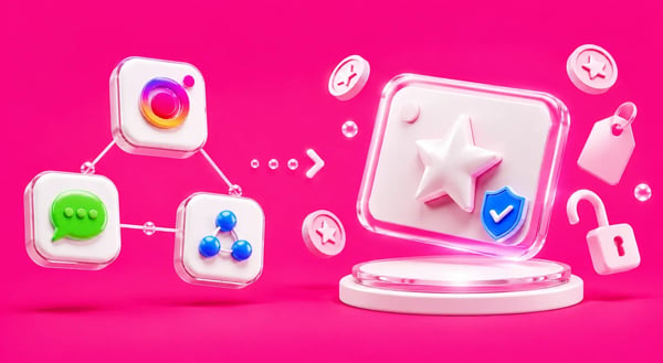 Ícones 3D do Instagram, chat e conexões apontando para cartão com estrela em fundo rosa. Ilustração do Meta One.